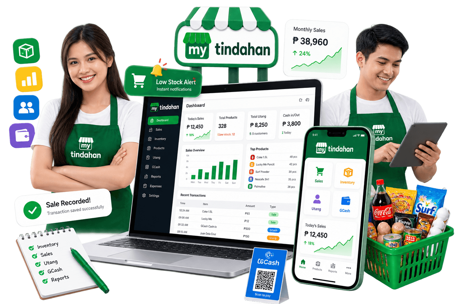 MyTindahan dashboard on a laptop and phone, used by sari-sari store owners